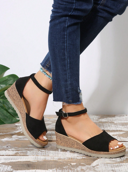 Black Peep Toe Wedge Platform Sandals