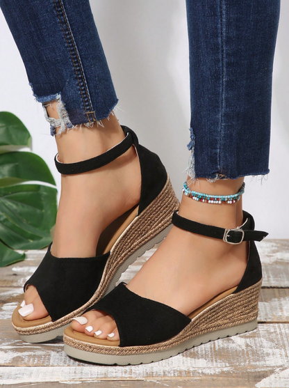Black Peep Toe Wedge Platform Sandals