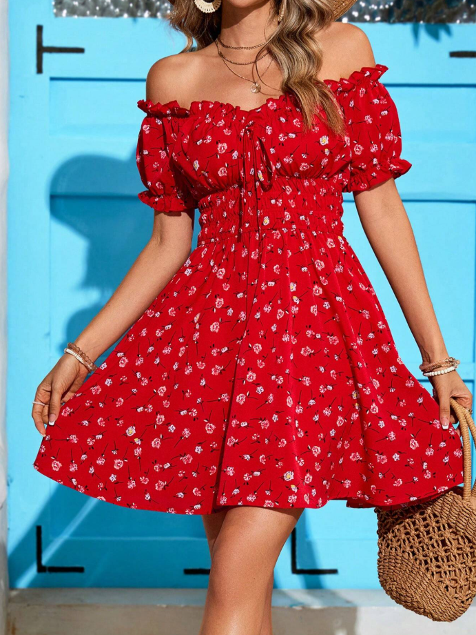 Red Off-Shoulder Ruffle Boho Dress