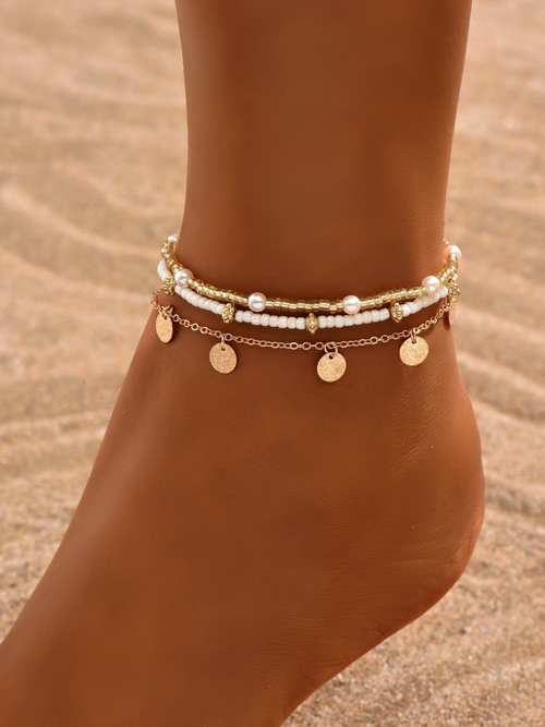 3-Piece Gold-Tone Beaded Layered Anklet Set
