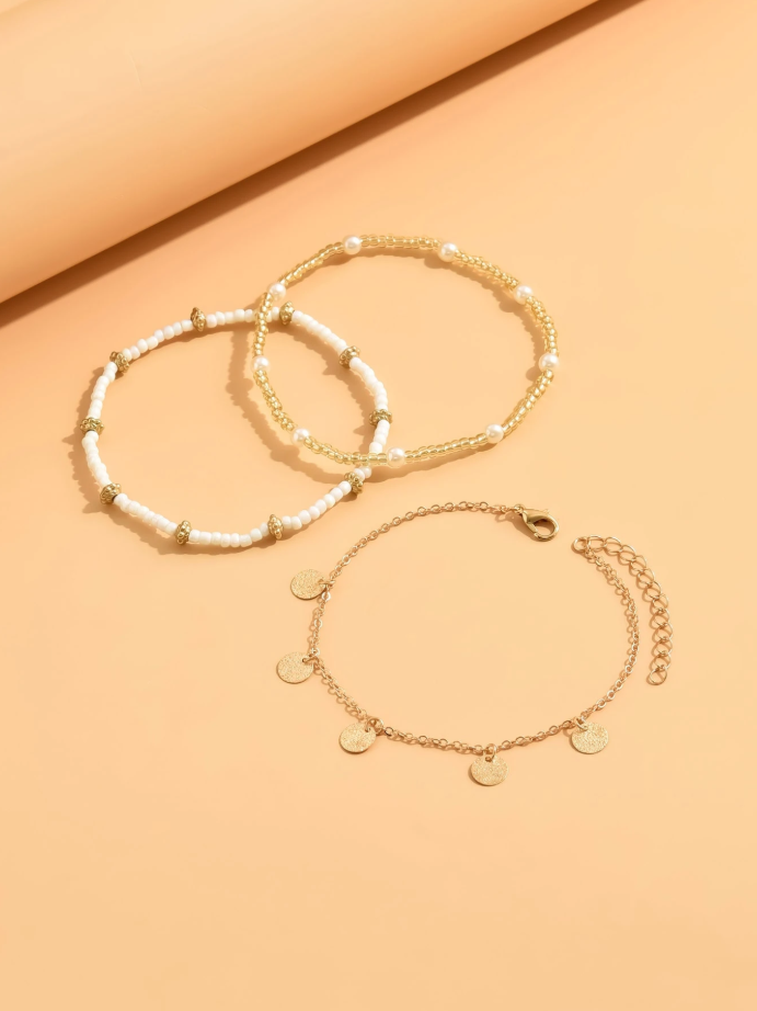 3-Piece Gold-Tone Beaded Layered Anklet Set