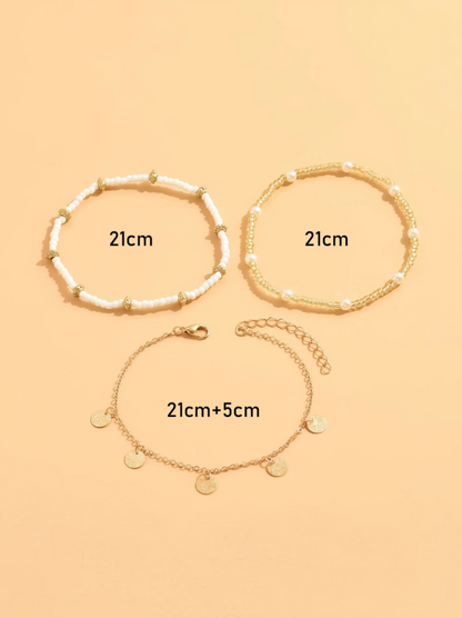 3-Piece Gold-Tone Beaded Layered Anklet Set