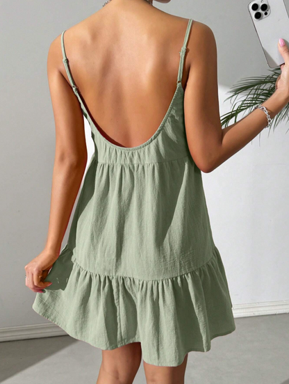 Mint Green Backless Ruffle Hem Cami Dress