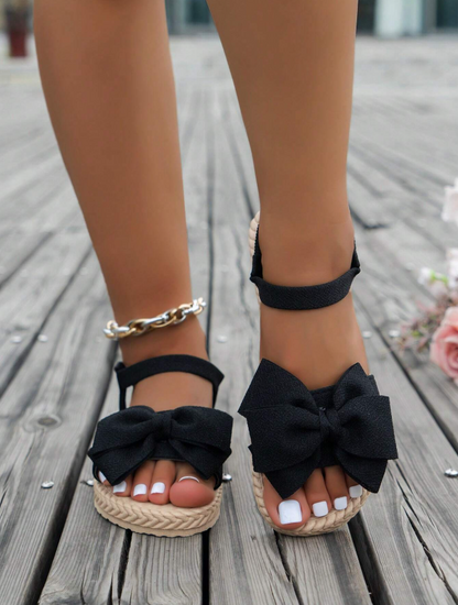 Elegant Black Butterfly Bow Fabric Sandals