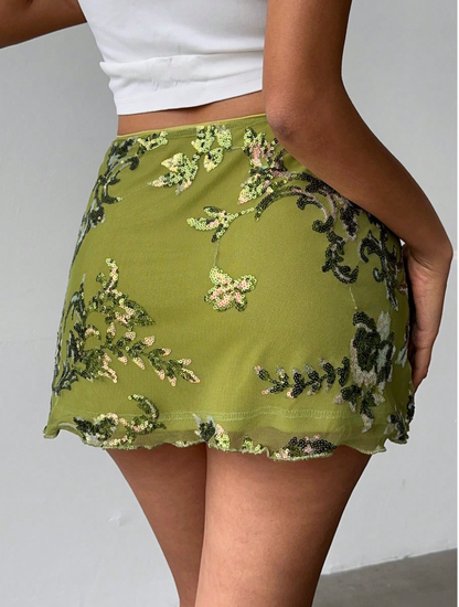 Aloruh Green Sequin Embroidered Mini Skirt