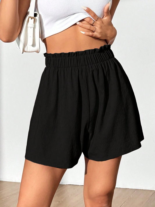 Flirla Summer Casual Loose Fit Solid Color Ruffled Waist Shorts