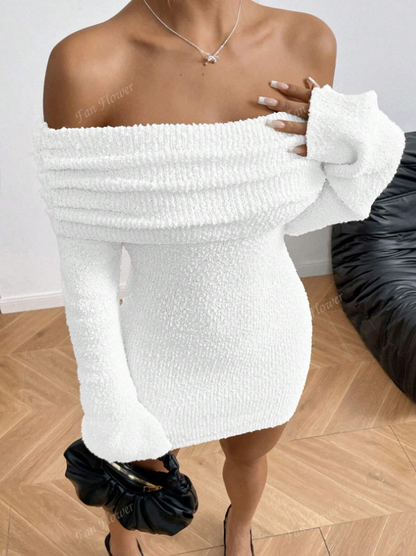 Off-Shoulder Textured Knit Mini Dress