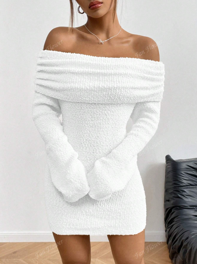 Off-Shoulder Textured Knit Mini Dress