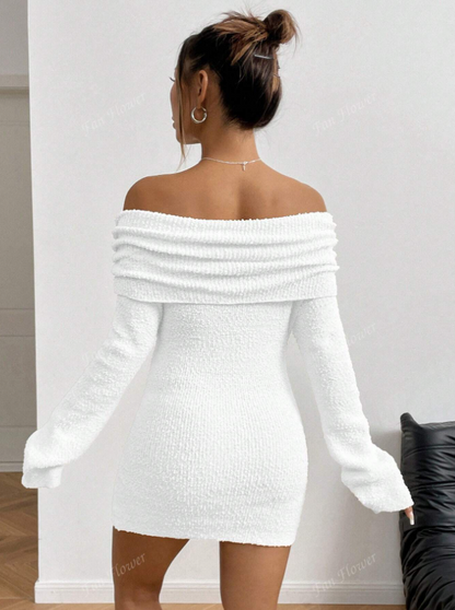 Off-Shoulder Textured Knit Mini Dress