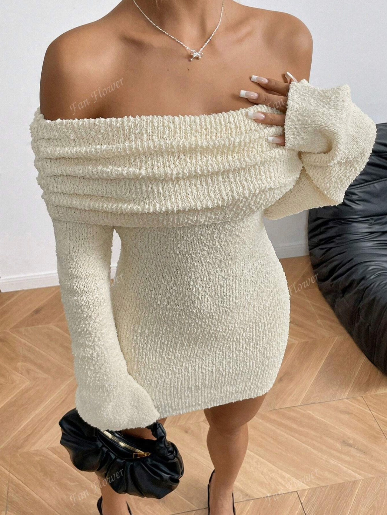Off-Shoulder Textured Knit Mini Dress