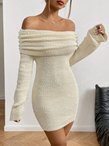 Off-Shoulder Textured Knit Mini Dress