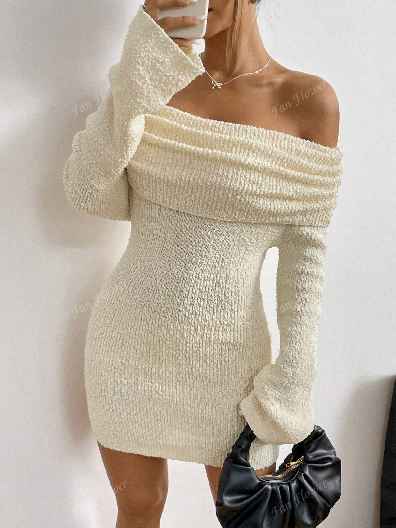 Off-Shoulder Textured Knit Mini Dress