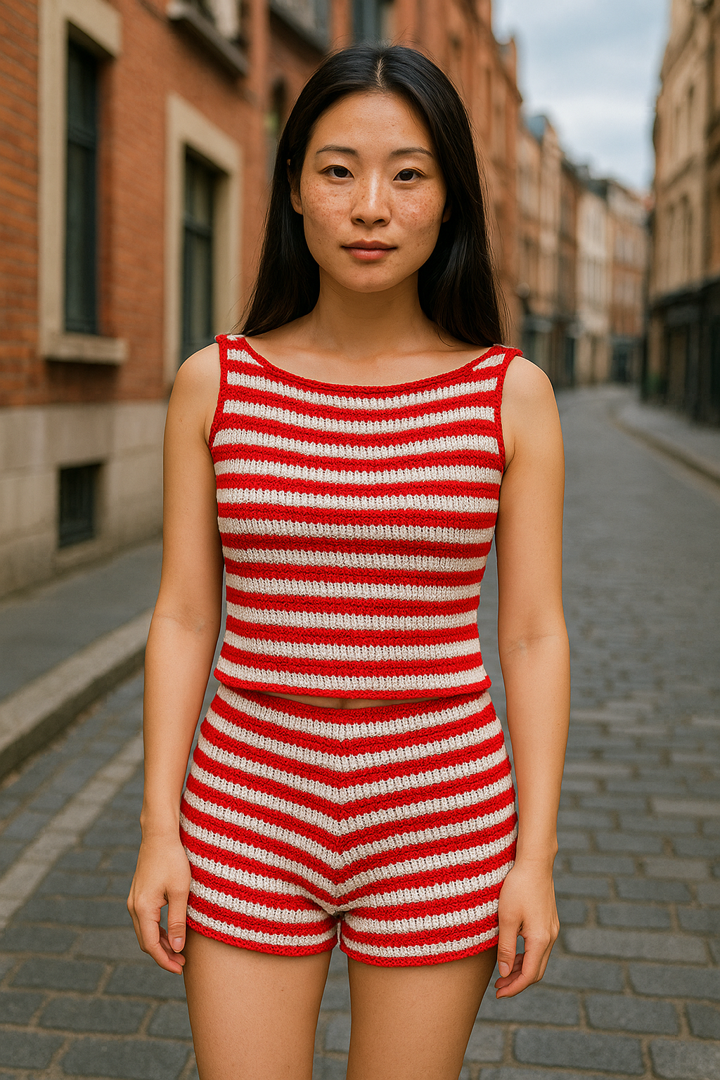 Soleia Asymmetric 2pcs-Set Women's Holiday Striped Knit Top and Ultra Low Waist Shorts