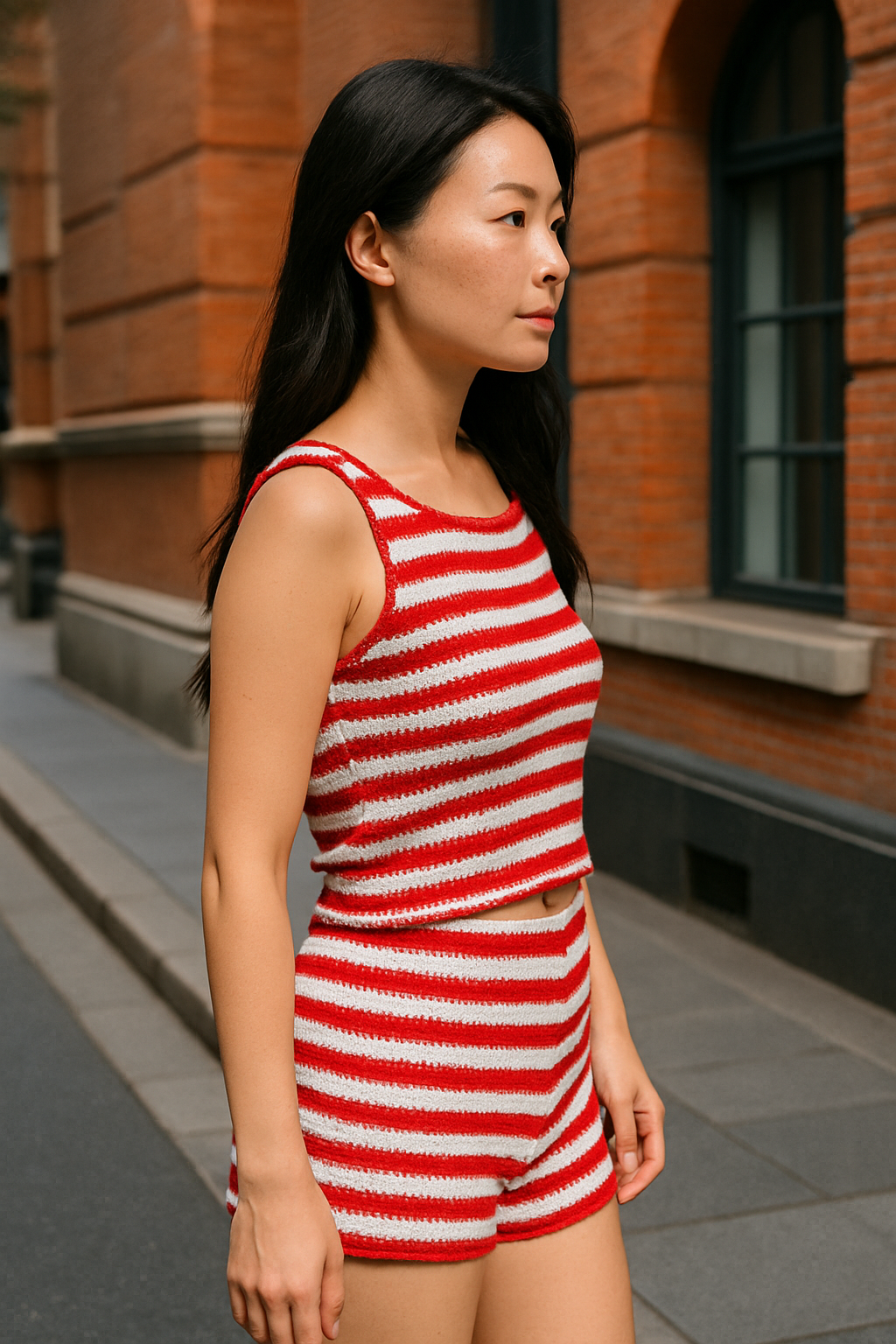 Soleia Asymmetric 2pcs-Set Women's Holiday Striped Knit Top and Ultra Low Waist Shorts